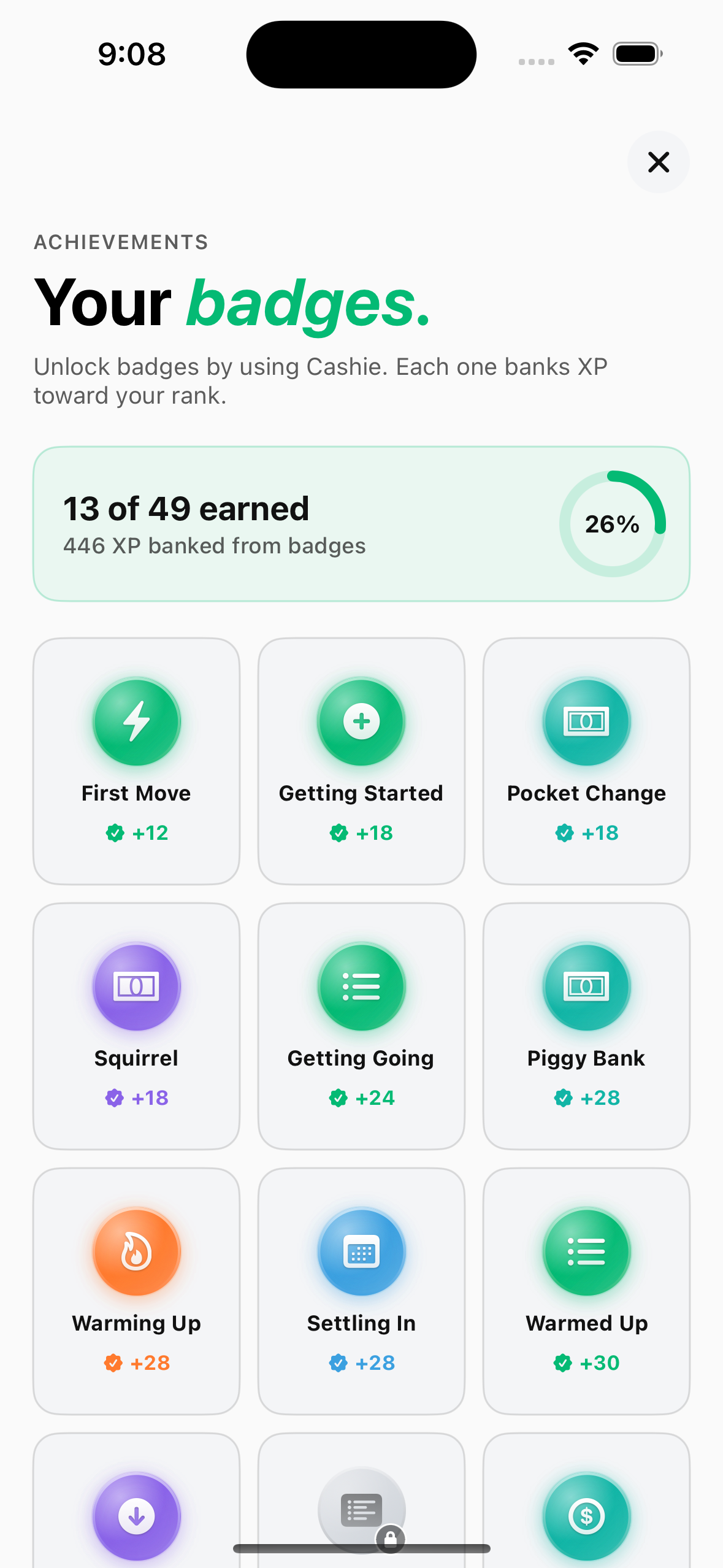 Cashie badges screen with dozens of earnable badges