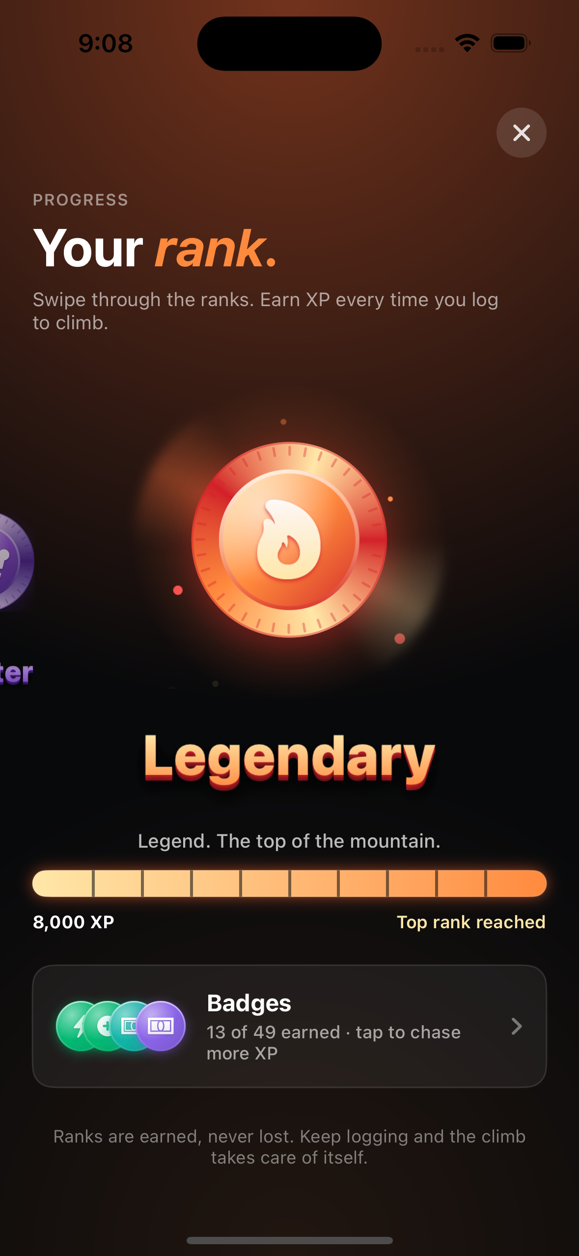 Cashie rank screen showing the Legendary tier, the top rank